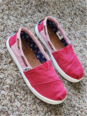 TOMS Youth 13 Bimini Nautical Red Striped Canvas Slip On Shoes